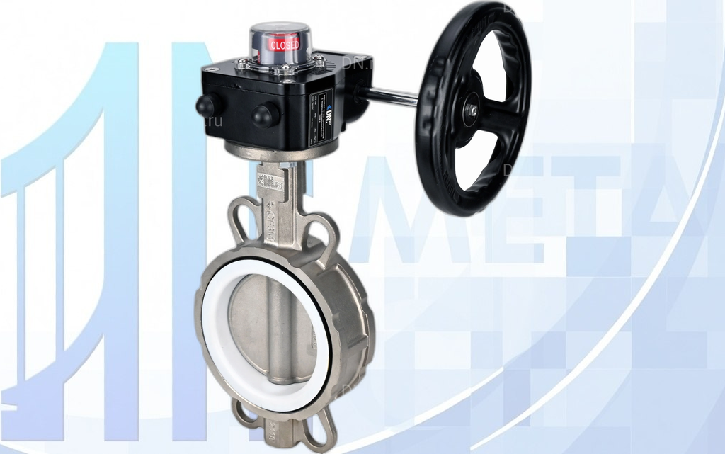 316l-ptfe-s-hgb-001 Дисковый поворотный затвор Ду100 Ру16 с редуктором HGB RQN1-180Z с индикатором положения вес 5,4