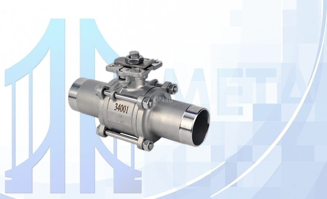 Кран шаровой BV3131P(3pc)-FP-W-ISO-H LONG Ду10 Ру63 полнопроходной, трехсоставной, PTFE, под приварку, с рукояткой