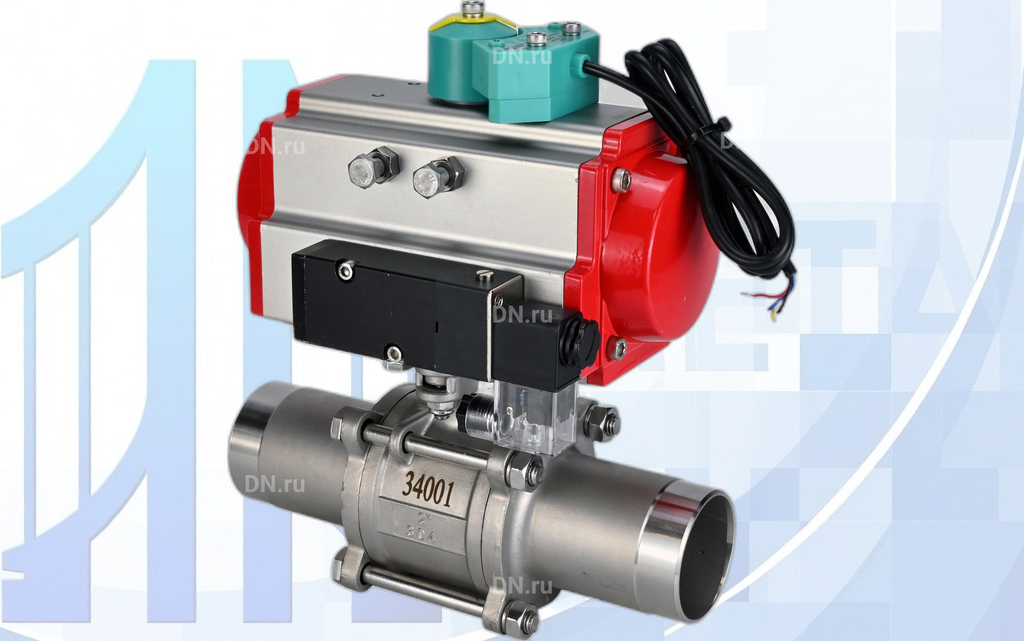 Кран шаровой BV3131P(3pc)-FP-W-ISO-H LONG Ду10 Ру63 полнопроходной, под приварку, с пневмоприводом PA-DA-052, 4М310-08 24В NAMUR и магнитным переключателем ALS200D