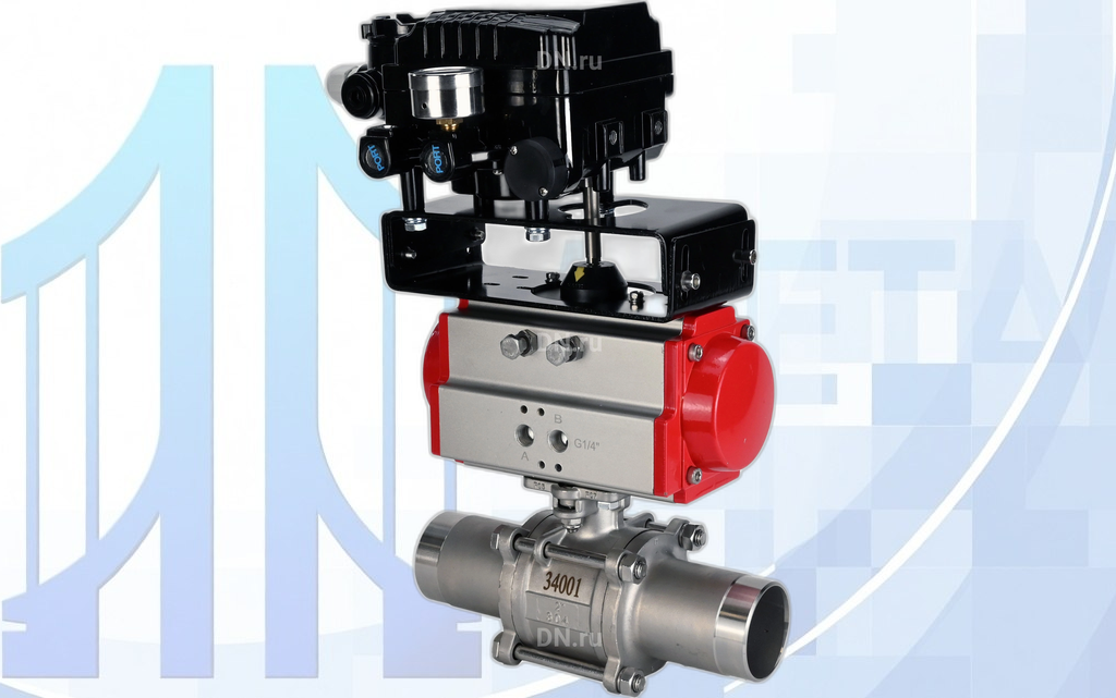 Кран шаровой BV3131P(3pc)-FP-W-ISO-H LONG Ду10 Ру63 полнопроходной, с пневмоприводом PA-DA-052 и пневмопозиционером YT-1000RSN без обратной связи