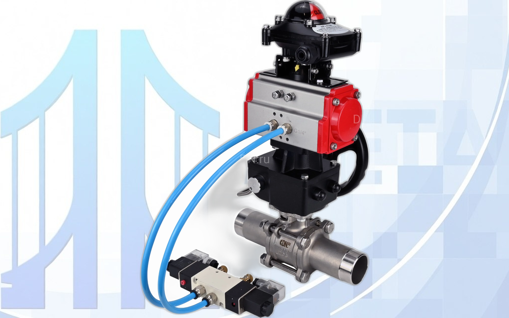 Кран шаровой BV3131P(3pc)-FP-W-ISO-H LONG Ду10 Ру63, под приварку, с пневмоприводом PA-DA-052, 4V320-08 NAMUR AC220V, БКВ APL-210N, MON1-250-T26-ISO