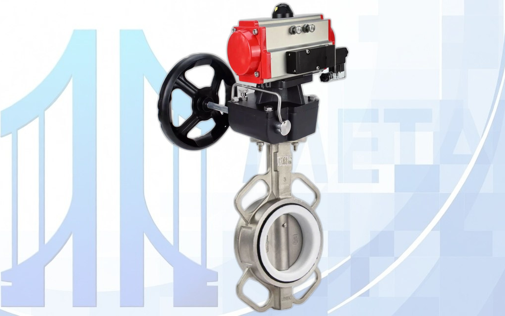 Дисковый поворотный затвор DN250 PN16 с п/п PA-DA-140, с пневмораспр. 4V320-10 220В, ручн. дубл. MON4-1200-T54-ISO вес-45,2