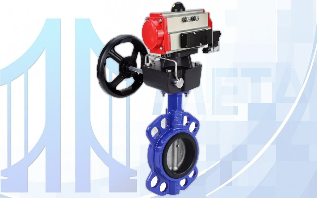 Дисковый поворотный затвор DN200 PN16 с п/п PA-DA-130, с пневмораспр. 4V320-10 220В, ручн. дубл. MON3-700-T38-ISO вес товара-28,5