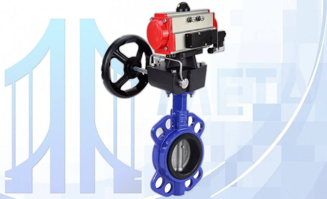 Дисковый поворотный затвор DN200 PN16 с п/п PA-DA-130, с пневмораспр. 4V320-10 220В, ручн. дубл. MON3-700-T38-ISO вес товара-28,5
