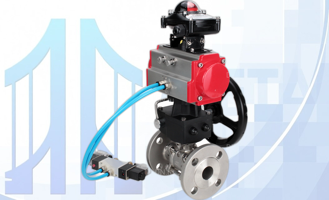 Кран шаровой BV3131P(3pc)-FP-F-ISO-H Ду100 Ру16, трехсоставной, с пневмоприводом PA-DA-105, пн/распределителем 4V320-08 220В, БКВ APL-210N, MON3-700-T38-ISO