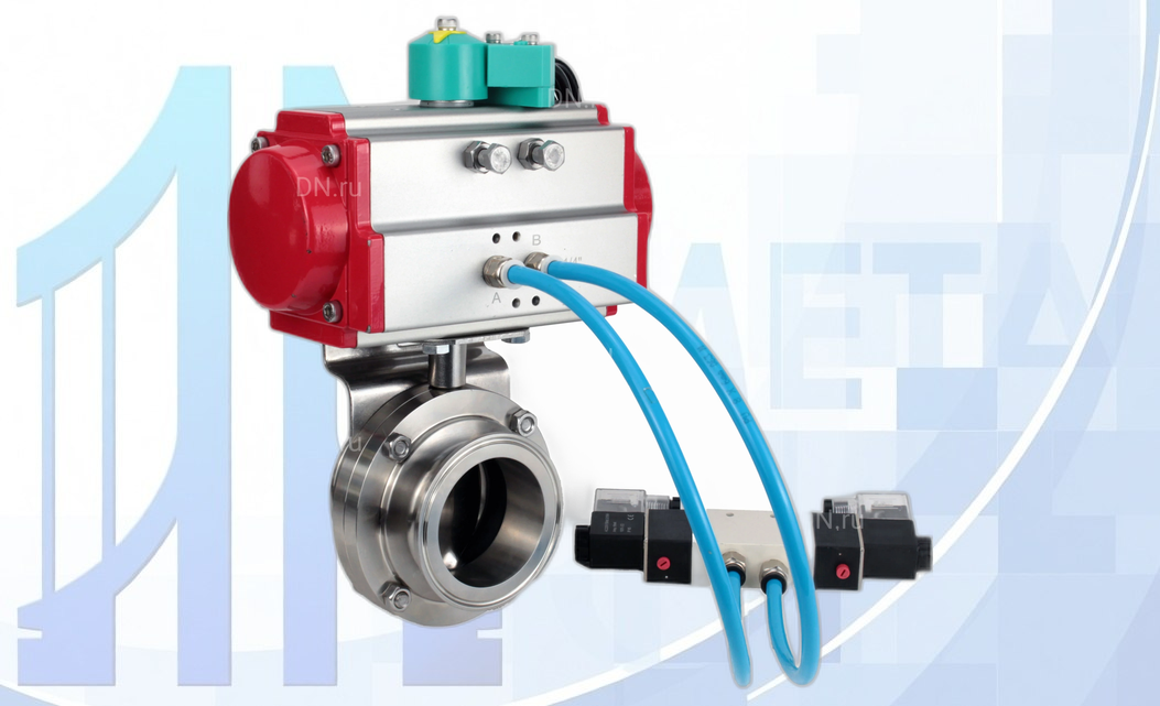 Дисковый поворотный затвор Ду100 Ру10 с пневмопр. PA-SA-083, пневмораспр. 4V320-08 220В и магнитным переключателем ALS200D вес-8,42