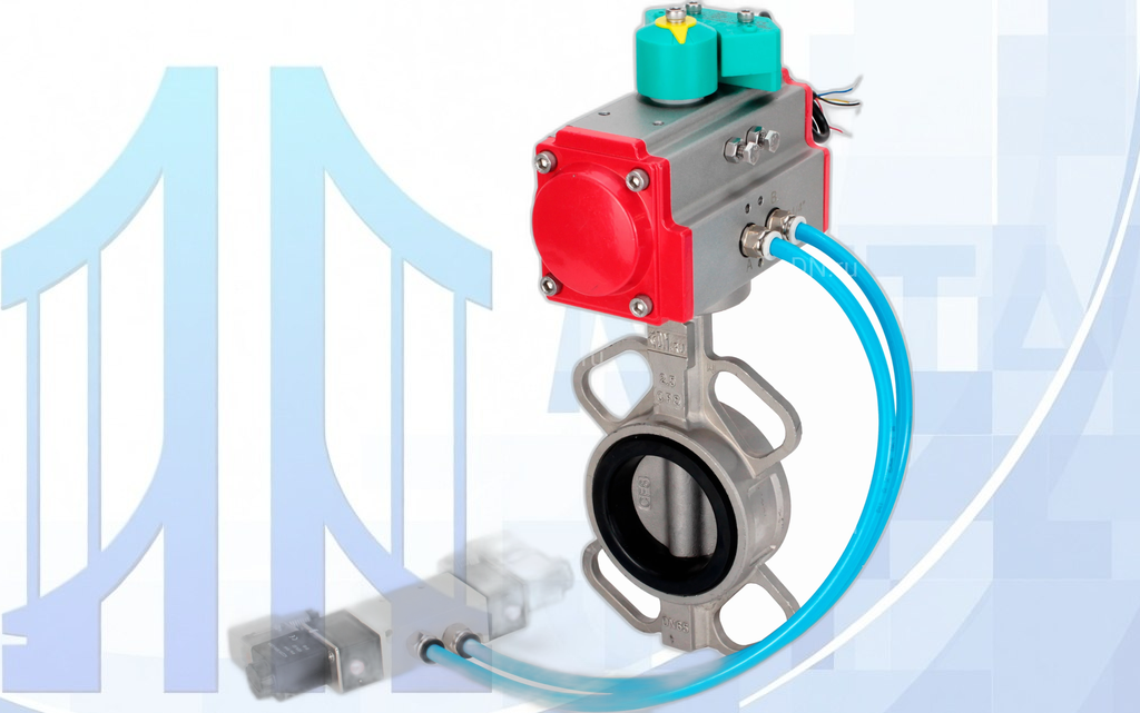 Дисковый поворотный затвор Ду100 PN16 с п/п PA-DA-083, пневмораспр. 4V320-08 220В и магнитным переключателем ALS200D вес-8,74