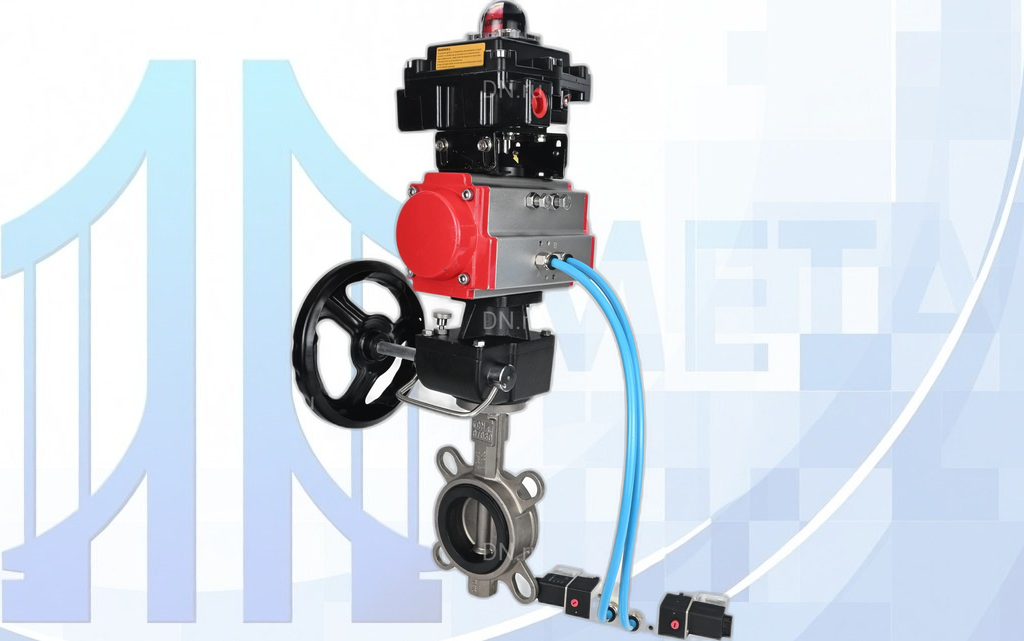 Дисковый поворотный затвор Ду100 PN16 с п/п PA-DA-083, пневмораспр. 4V320-08 220В, БКВ APL-410N EX и ручн. дубл. MON2-450-T28-ISO вес-14,3