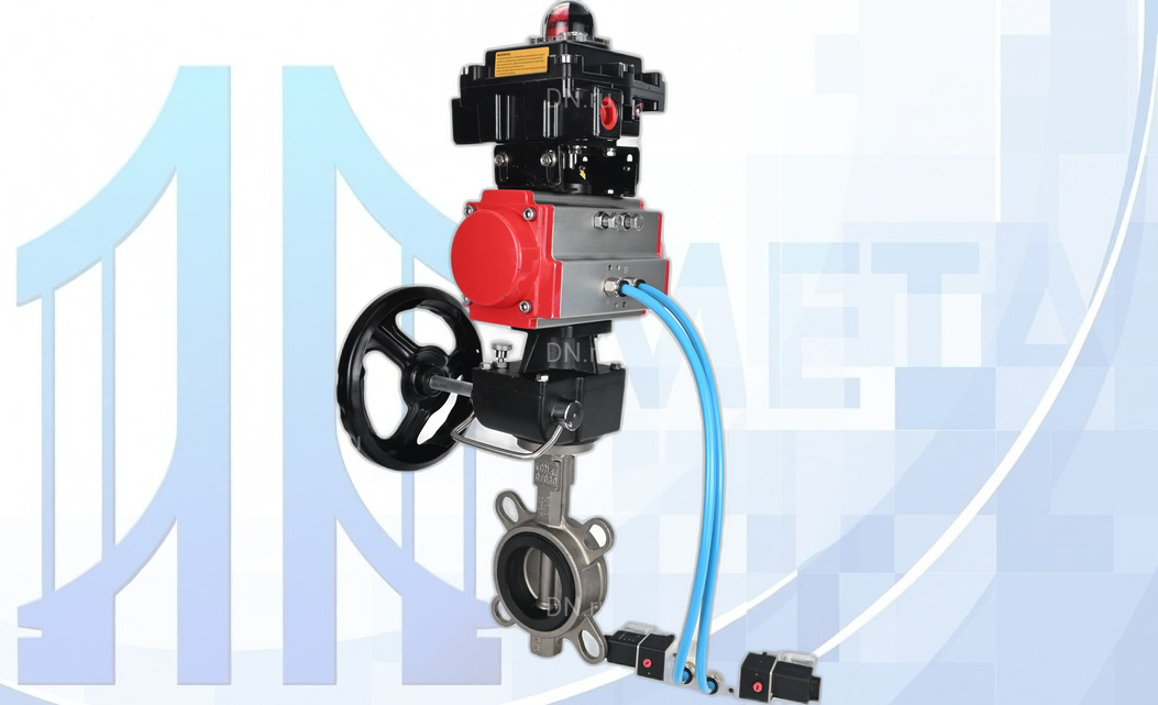 Дисковый поворотный затвор Ду100 PN16 с п/п PA-DA-083, пневмораспр. 4V320-10 220В, БКВ APL-410N EX и ручн. дубл. MON2-450-T28-ISO вес-14,3