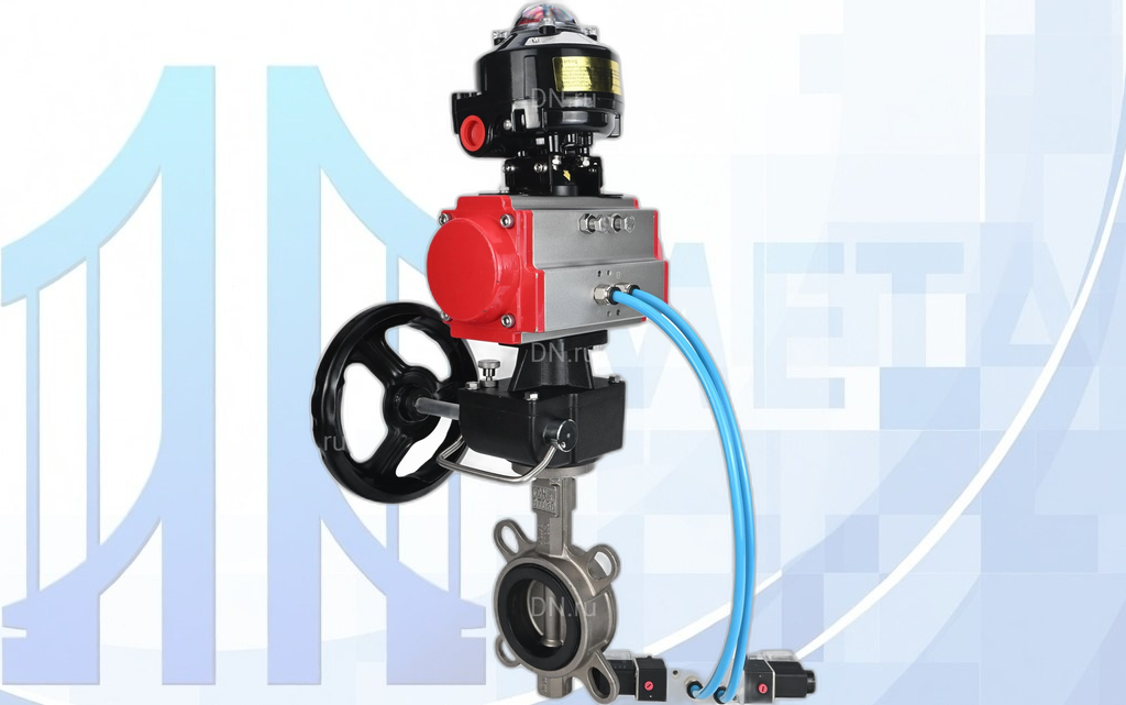 Дисковый поворотный затвор Ду100 PN16 с п/п PA-DA-083, пневмораспр. 4V320-08 220В, БКВ APL-510N EX и ручн. дубл. MON2-450-T28-ISO вес-15