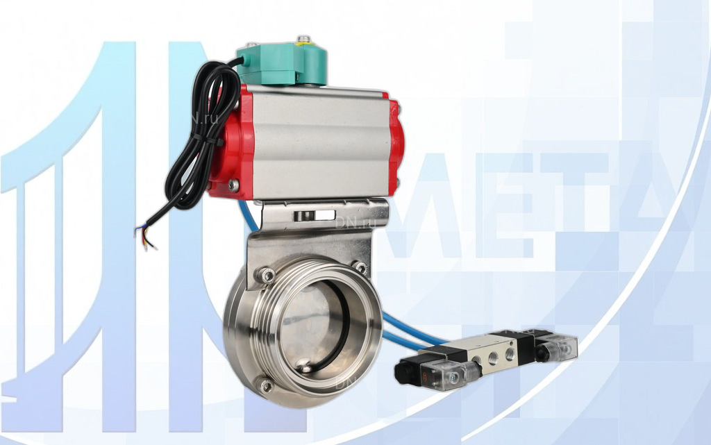 Дисковый поворотный затвор Ду100 Ру10 с п/п PA-SA-083, пневмораспр. 4V320-08 220В и магнитным переключателем ALS200D вес-8,42