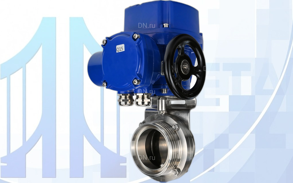 Дисковый поворотный затвор Ду100 PN10 с электропр. QT-N-005M-O2-220VAC-У1 с моментной муфтой и штурвалом вес-11,18