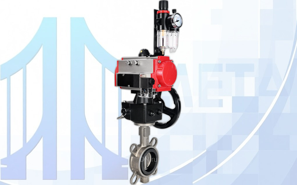 wbv3131n-2w-fb--08-24-hdm-afc2000-dn-1 Дисковый поворотный затвор Ду100 Ру16, с пневмопр. PA-DA-083, пневмораспр. 4М310-08 220В NAMUR, ручн. дубл. MON2-450-T28-ISO и БПВ AFC2000 вес-12,615