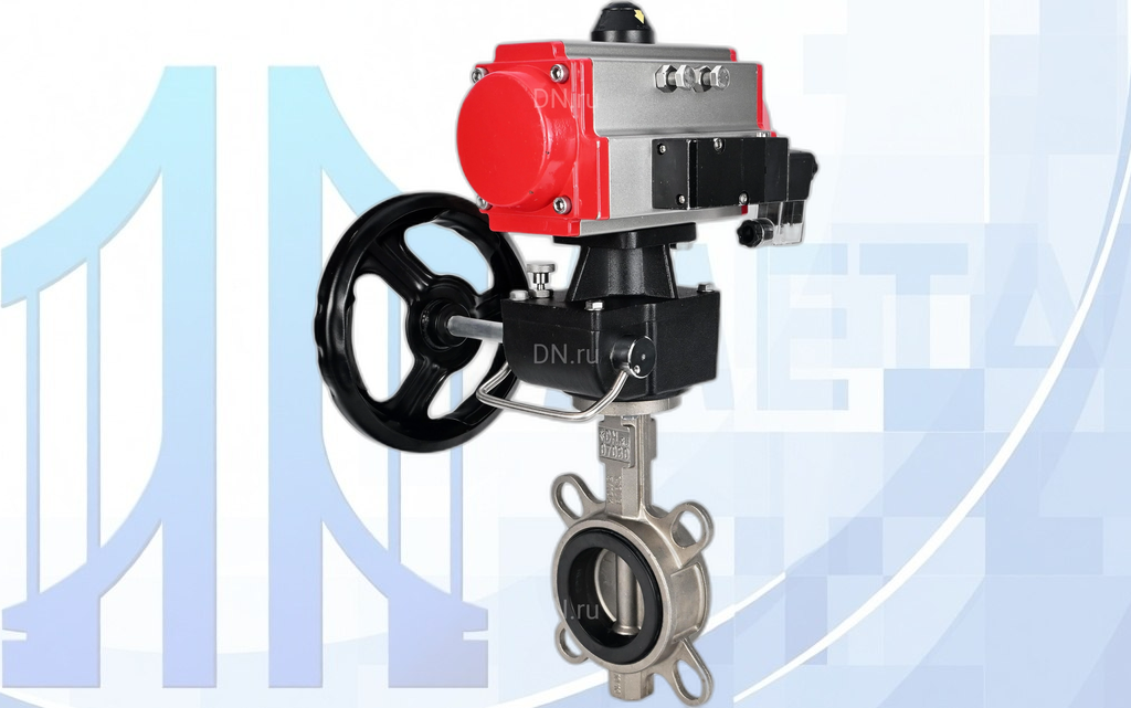 wbv3131n-2w-fb--08-24-hdm-dn-1 Дисковый поворотный затвор Ду100 Ру16 с пневмопр. PA-DA-083, пневмораспр. 4М310-08 220В NAMUR и ручн. дубл. MON2-450-T28-ISO вес-12,22