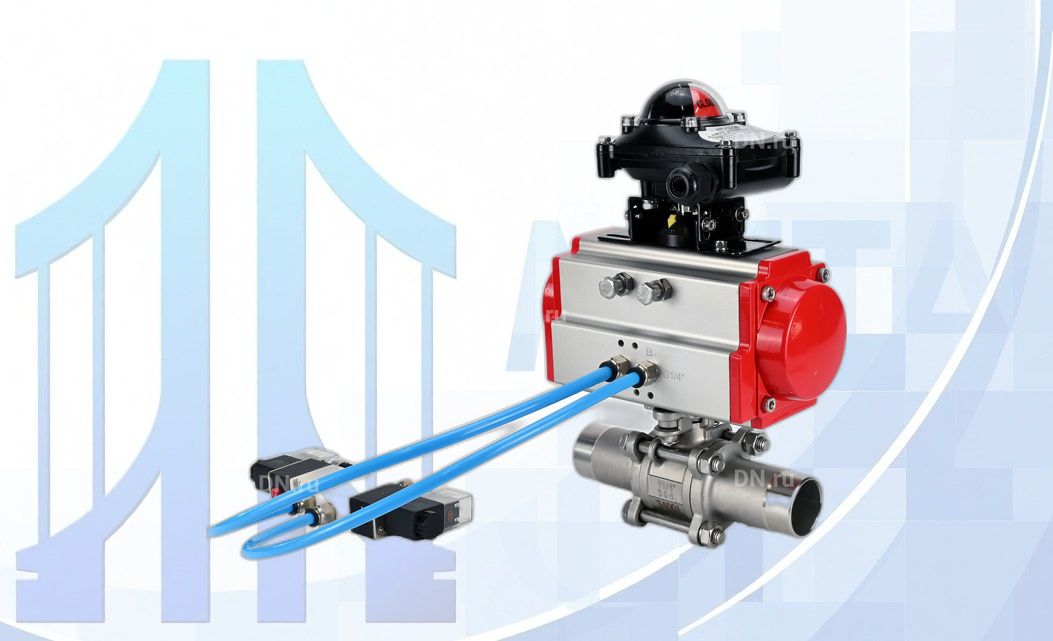 Кран шаровой BV3131P(3pc)-FP-W-ISO-H LONG Ду125 Ру16 полнопроходной, под приварку, с пневмоприводом PA-DA-130, пневмораспределителем 4V320-08 220В и БКВ APL-210N