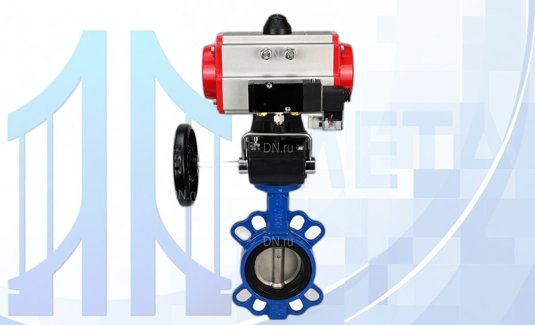 Дисковый поворотный затвор Ду100 PN16 с пн/пр PA-DA-083, с пн/распр. 4V320-08 220В, с ручн. дубл. MON2-450-T28-ISO вес-12,9