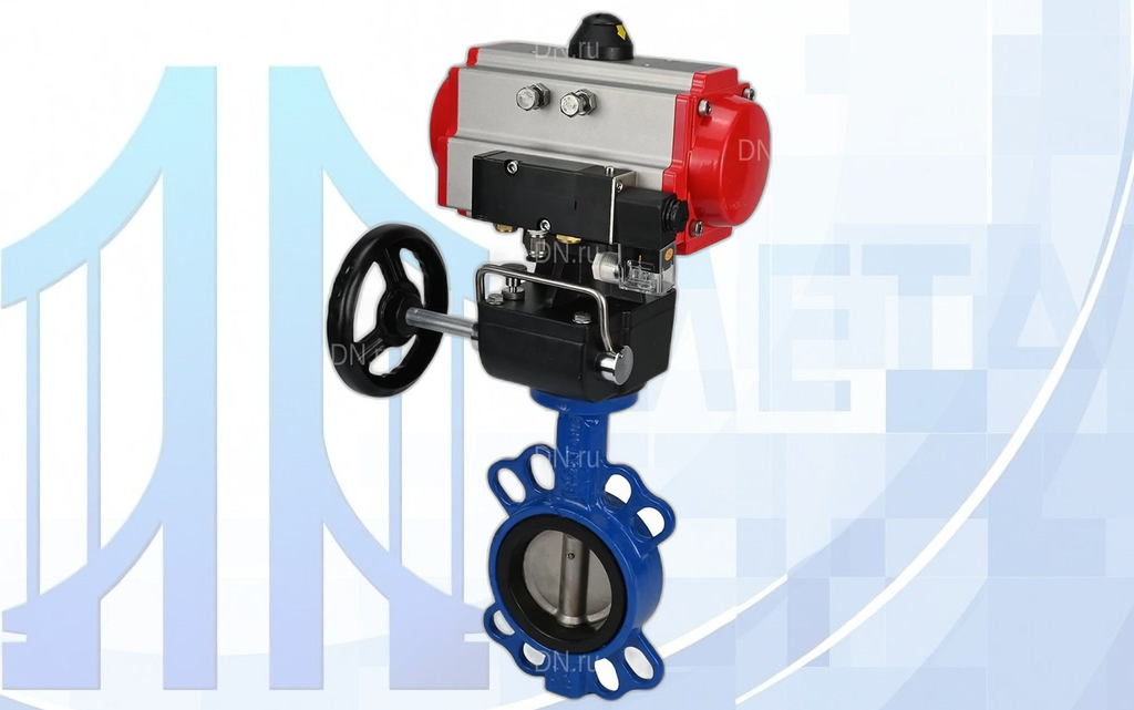 Дисковый поворотный затвор Ду100 Ру16 с пн/пр. PA-DA-105, пн/распр. 4V320-08 220В и ручн. дубл. MON2-450-T28-ISO вес-16,6